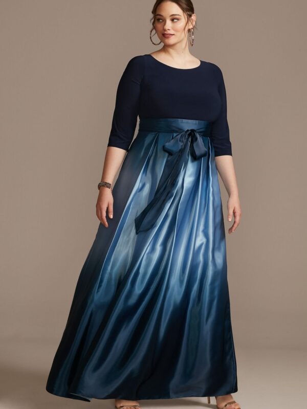 3/4 Sleeve Jersey Bodice Ombre Plus Size Ball Gown  9451111