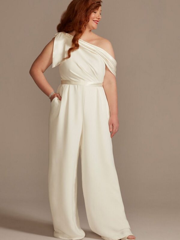 One-Shoulder Plus Crepe Wedding Jumpsuit with Bow 9DS870059