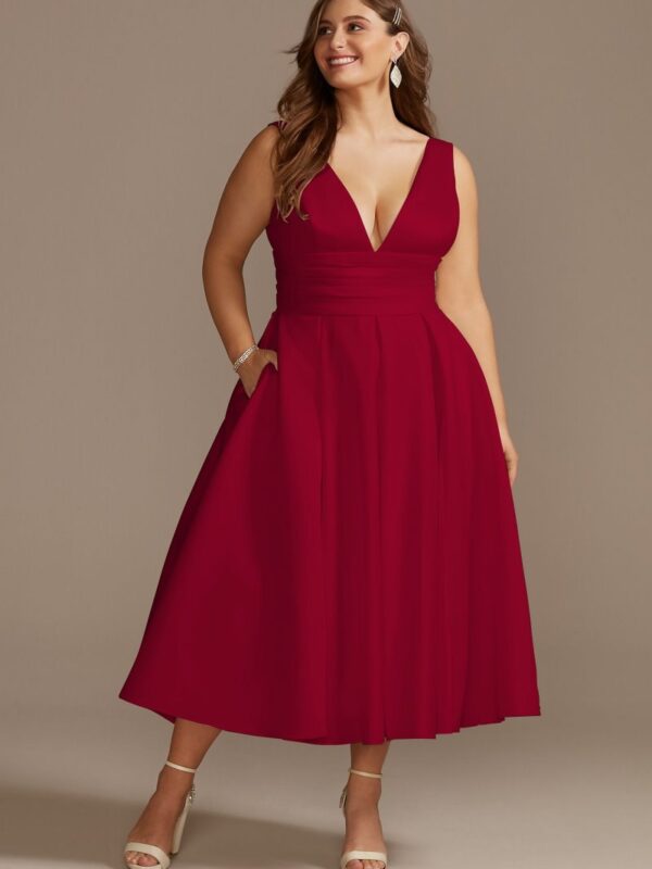 Satin V-Neck Tea Length Plus Size A-Line Dress 9SDWG0970