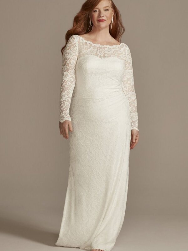 Stretch Lace Long Sleeve Plus Sheath Wedding Dress 9SDWG0976