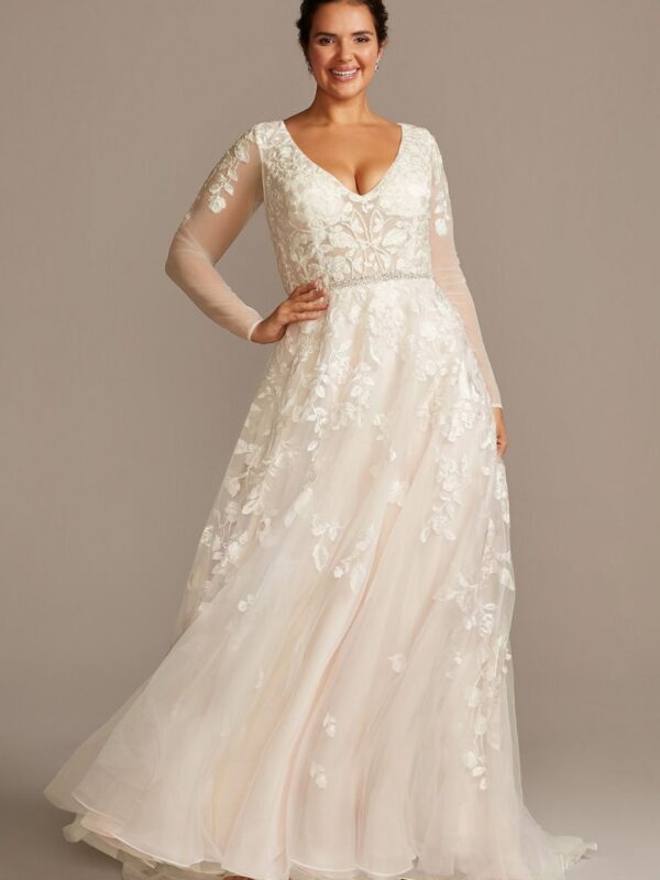 Illusion Sleeve Plunging Plus Size Wedding Dress 9SWG820