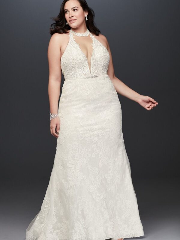 Plunge Neckline Halter Plus Size Wedding Dress 9SWG825