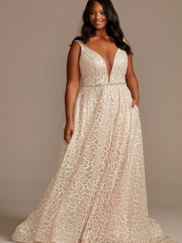 Geometric Sequin Plunge Plus Size Wedding Dress 9SWG863