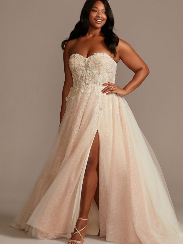 Floral Plus Size Wedding Dress with Metallic Tulle 9SWG871