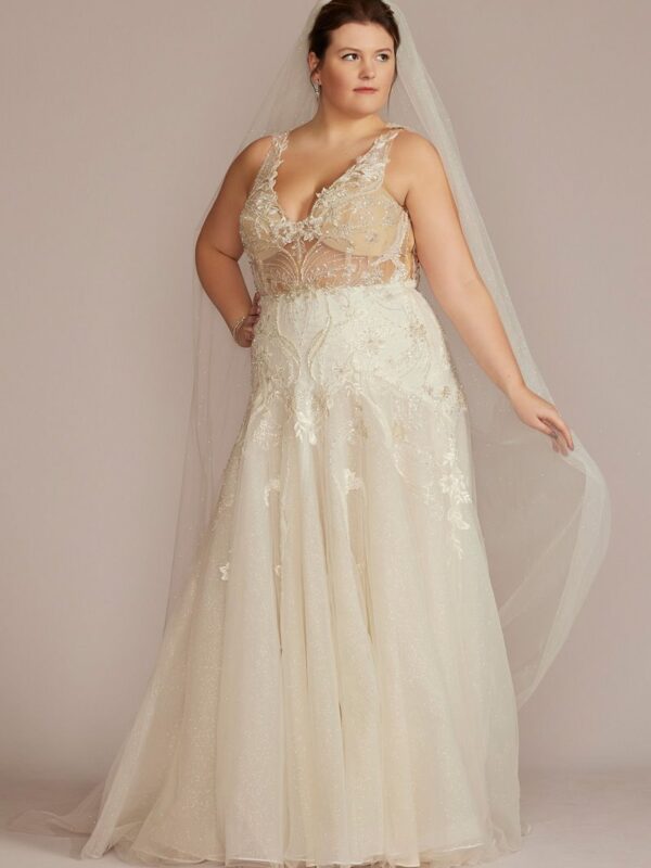 Drop Waist Beaded Applique Plus Size Wedding Gown 9SWG923