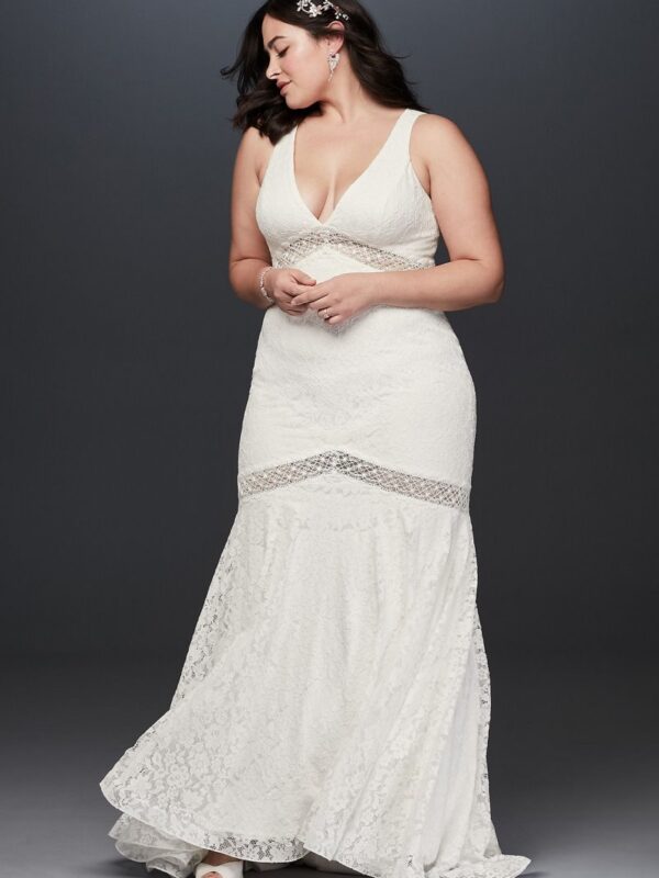 V-Neck Lace Illusion Plus Size Wedding Dress  9WG3950