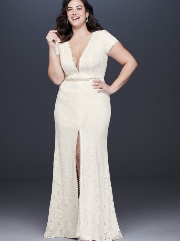 Illusion V-Neck Cap Sleeve Plus Size Wedding Dress  9WG3951