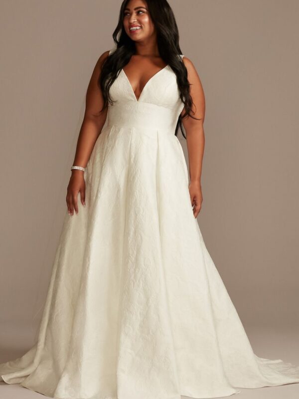 Floral Jacquard V-Neck Plus Size Wedding Dress 9WG4012DB