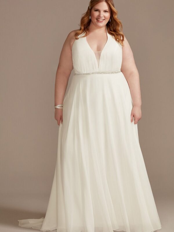 Chiffon Halter Bead Waist Plus Size Wedding Dress 9WG4014