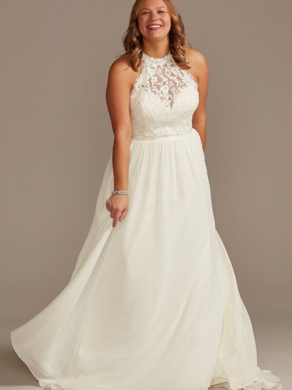 High Neck Illusion Chiffon Plus Size Wedding Dress 9WG4032