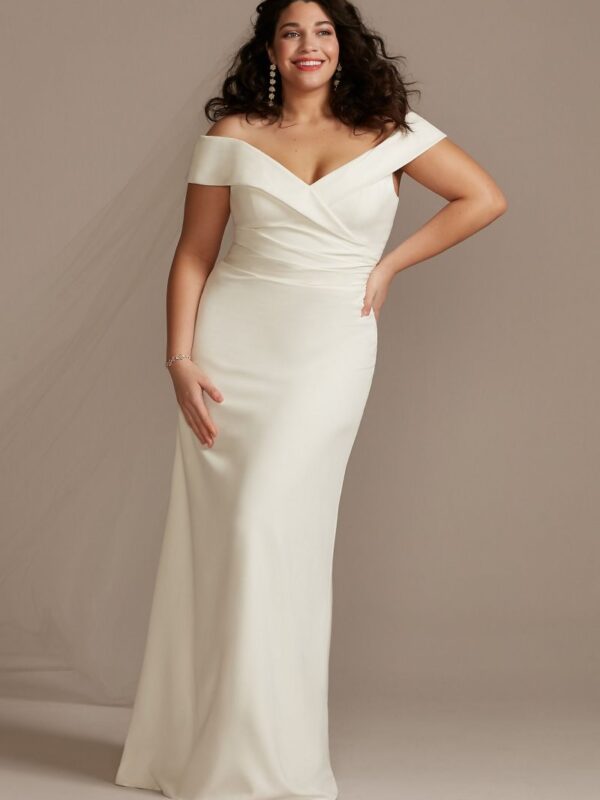 Plus Crepe Off-the-Shoulder Sheath Wedding Dress 9WG4033