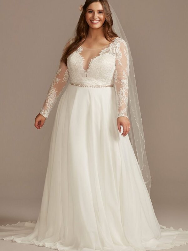 Long Sleeve Plunge Lace Plus Size Wedding Dress 9WG4035