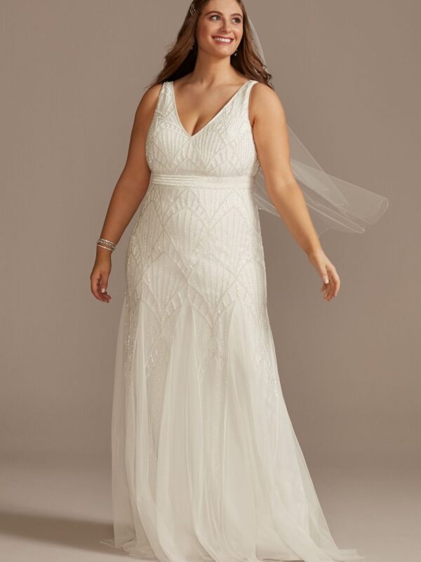 V-Neck Geometric Beaded Plus Size Wedding Dress 9WG4041