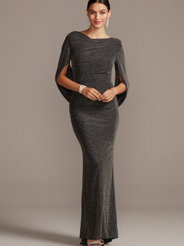 Glitter Accent Drape Sleeve Stretch Sheath Dress A21447