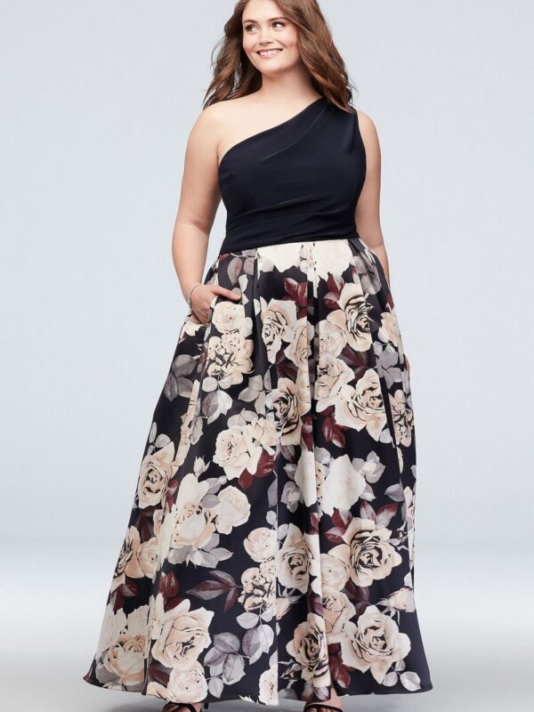 Printed Satin One-Shoulder Plus-Size Ball Gown A21528W