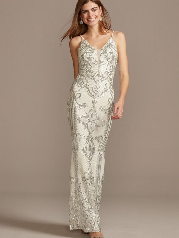 Sequin Damask Pattern Spaghetti Strap Gown A22203