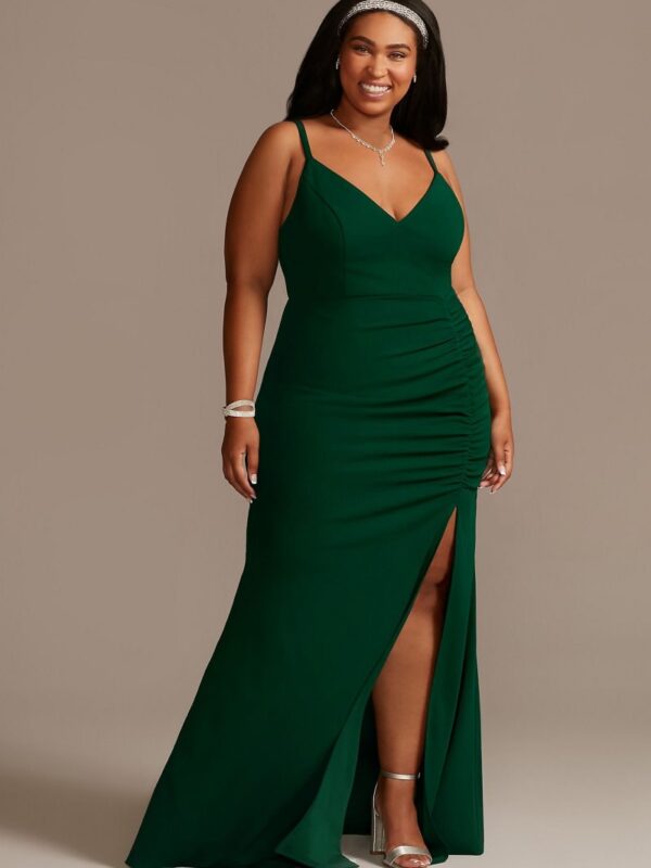 Plus Size Crepe Spaghetti Strap Gown with Ruching Emerald Sundae ABFP3405600