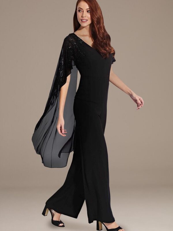 Chiffon and Crepe Jumpsuit with Beaded Cape AP1E206658