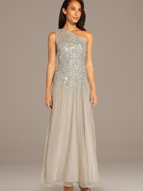 Mesh One-Shoulder Gown with Scattered Sequins AP1E208309