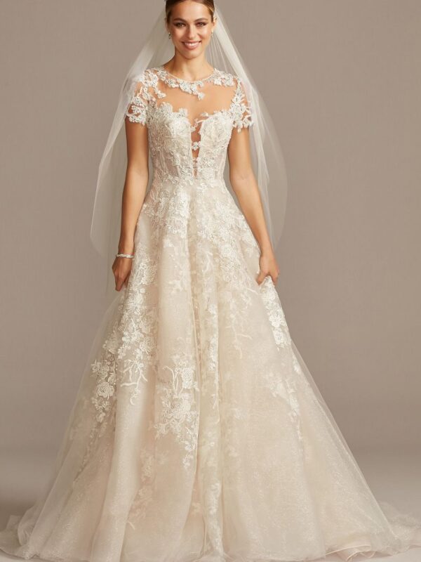 Lace Illusion Cap Sleeve Ball Gown Wedding Dress  CWG833