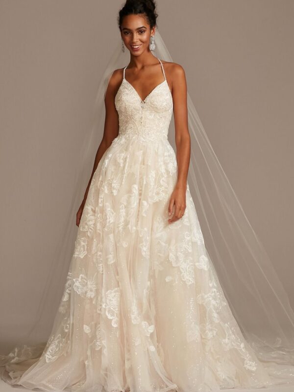 Large Floral Applique Beaded Strap Wedding Dress  CWG879