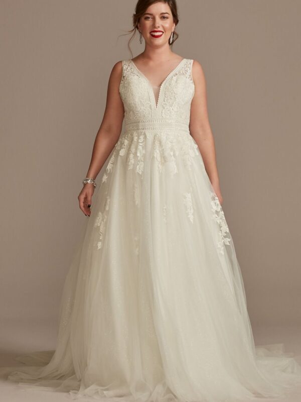 Embroidered V-Neck Wedding Dress with Tulle Skirt  CWG888