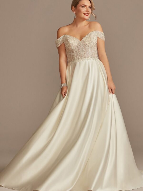 Sheer Beaded Off Shoulder Satin Wedding Dress  CWG890