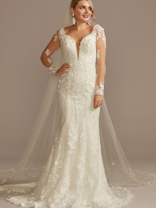 3D Floral Illusion Sleeve Plunge Wedding Dress  CWG894