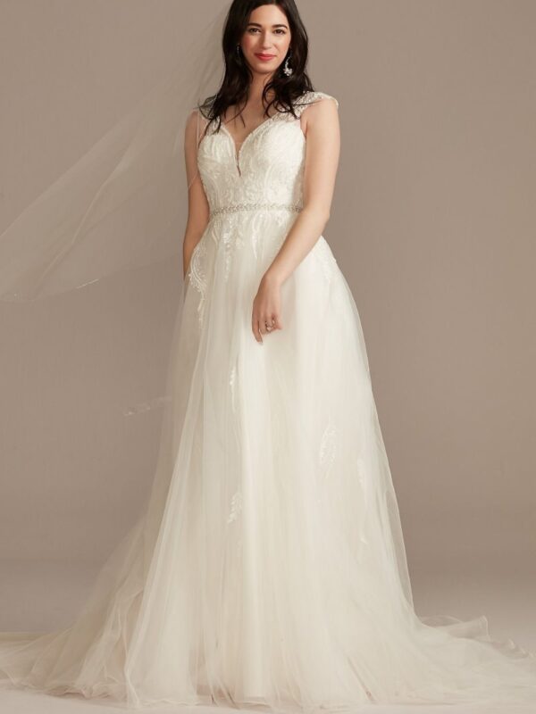 Plunging Cap Sleeve Open Back Tulle Wedding Dress  CWG901