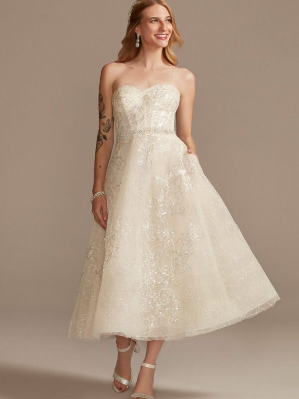 Floral Glitter Tulle Tea-Length Wedding Dress  CWG903