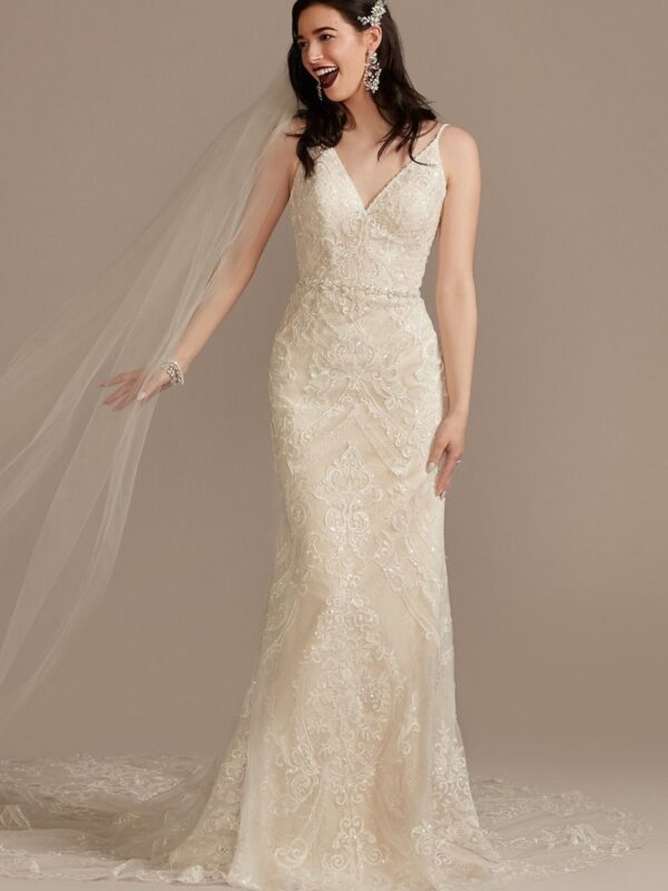 Strappy Beaded Applique Tulle Sheath Wedding Dress  CWG904