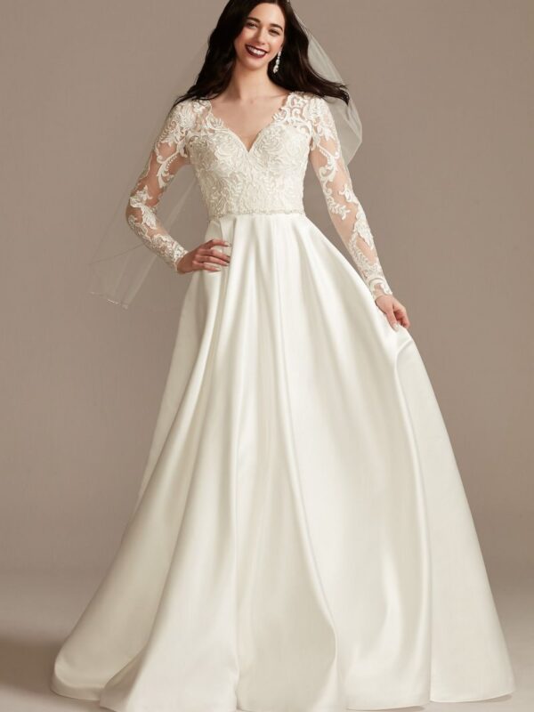 Long Sleeve Satin Wedding Dress with Appliques  CWG908