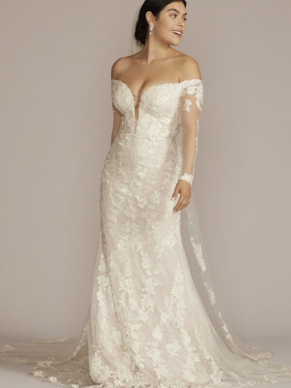 Off the Shoulder Lace Sleeve Trumpet Wedding Gown  CWG927