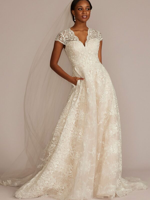 Scalloped Lace Cap Sleeve Tall Plus Wedding Dress CWG935