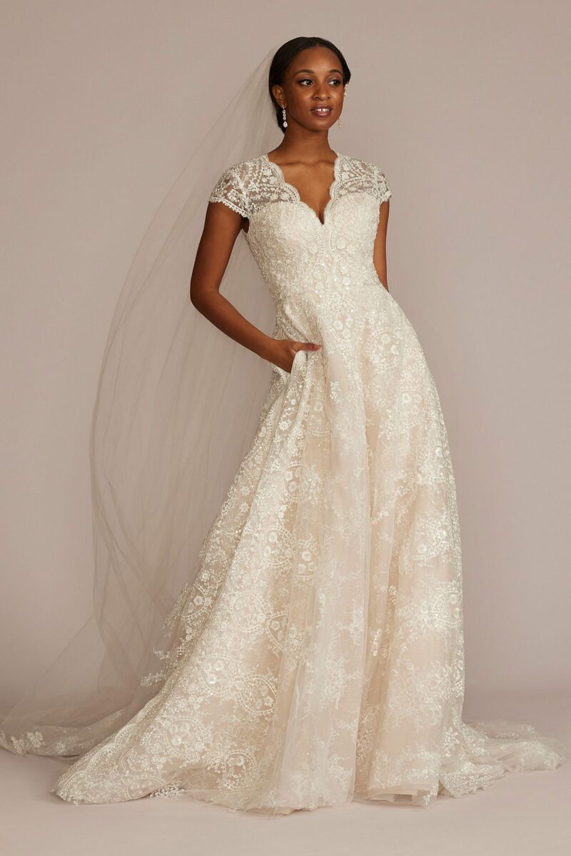 Scalloped Lace Cap Sleeve Tall Plus Wedding Dress CWG935