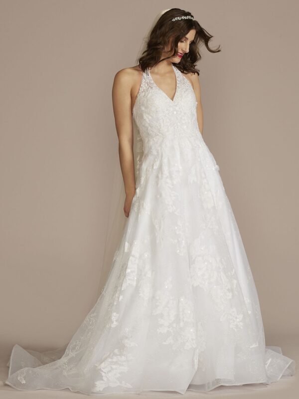 V-Neck Halter Beaded Lace Ball Gown Wedding Dress CWG955