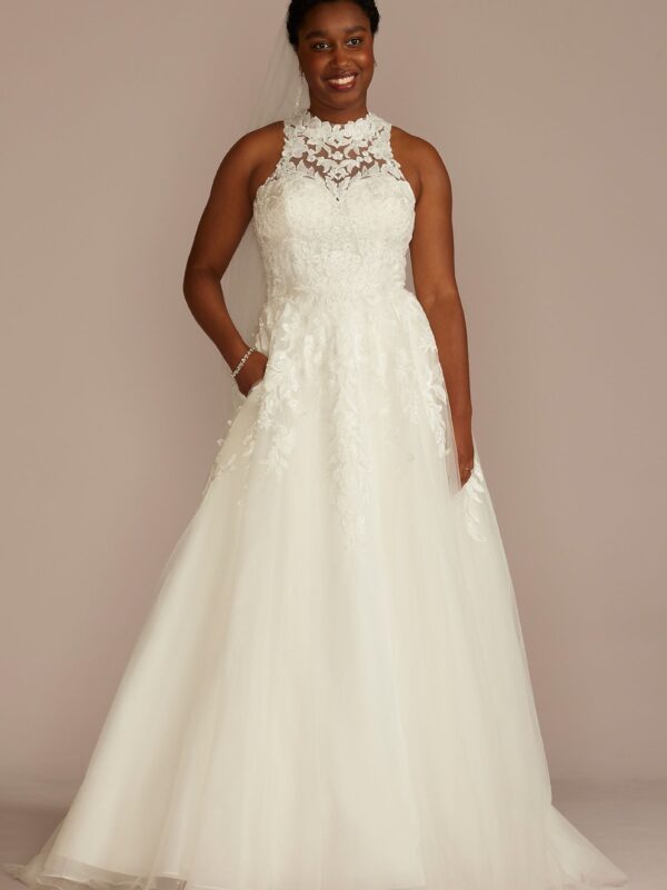 High Neck Lace Applique Tulle Wedding Dress CWG956