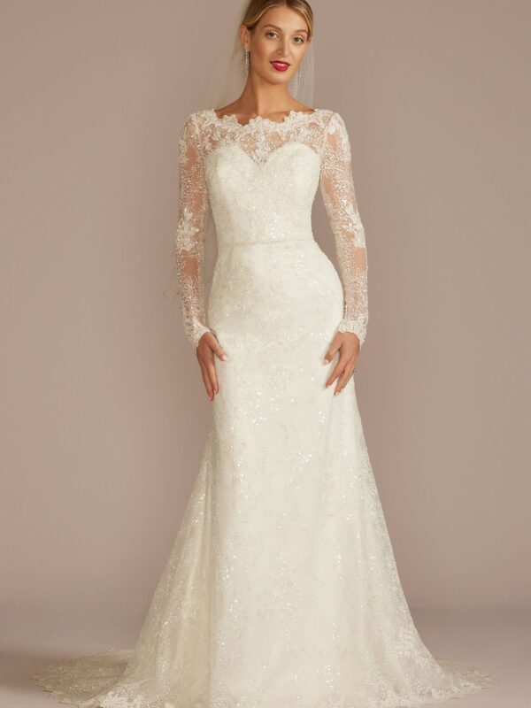 Beaded Lace Long Sleeve Sheath Wedding Dress CWG975