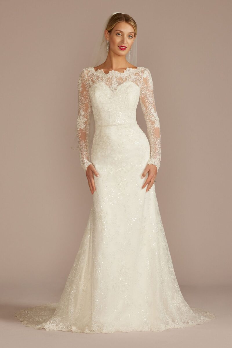 Beaded Lace Long Sleeve Sheath Wedding Dress CWG975