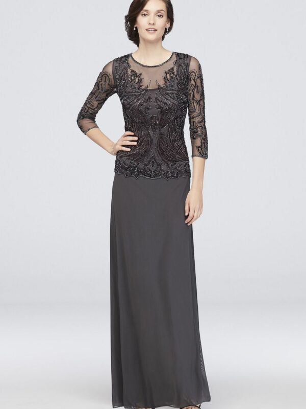 Sequined and Beaded Long Mesh Dress Pisarro Nights D1545