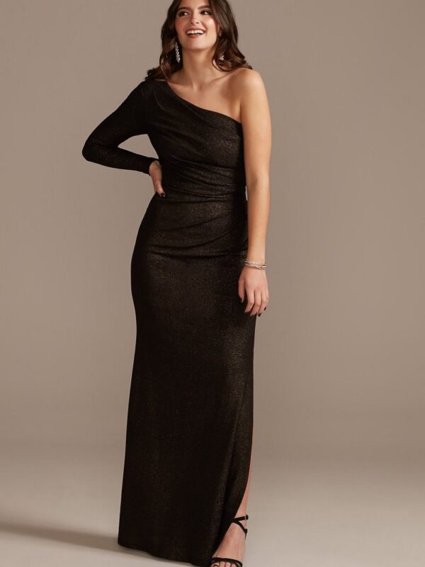 Long One-Shoulder Ruched Glitter Sheath Dress D21NY008V1