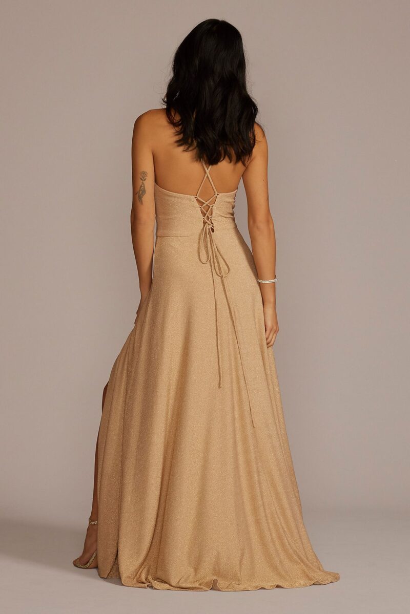 Metallic Cowl Neck Dress with Lace-Up Back D21NY2129