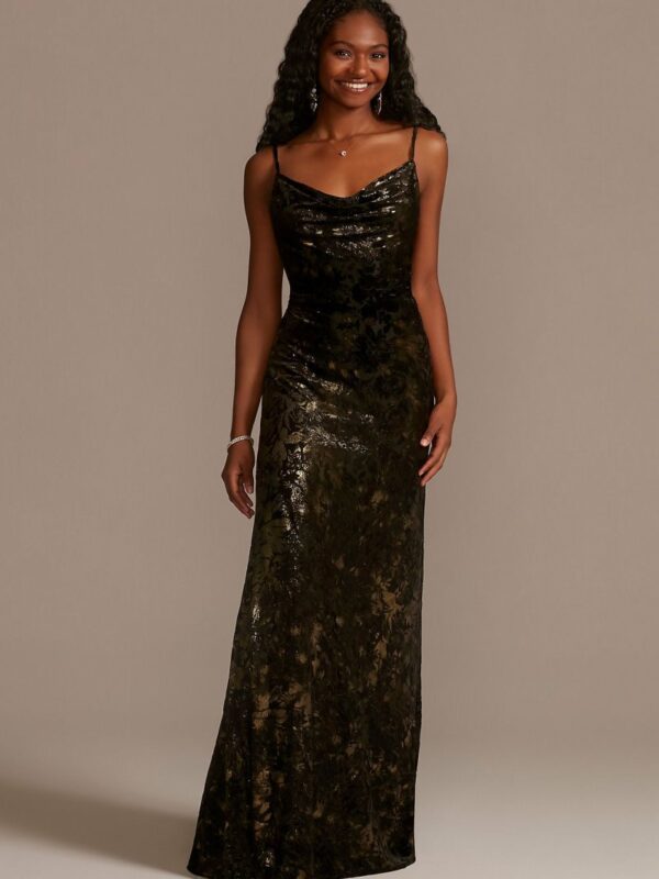 Floor Length Velvet Cowl Neck Sheath Dress D21NY22029