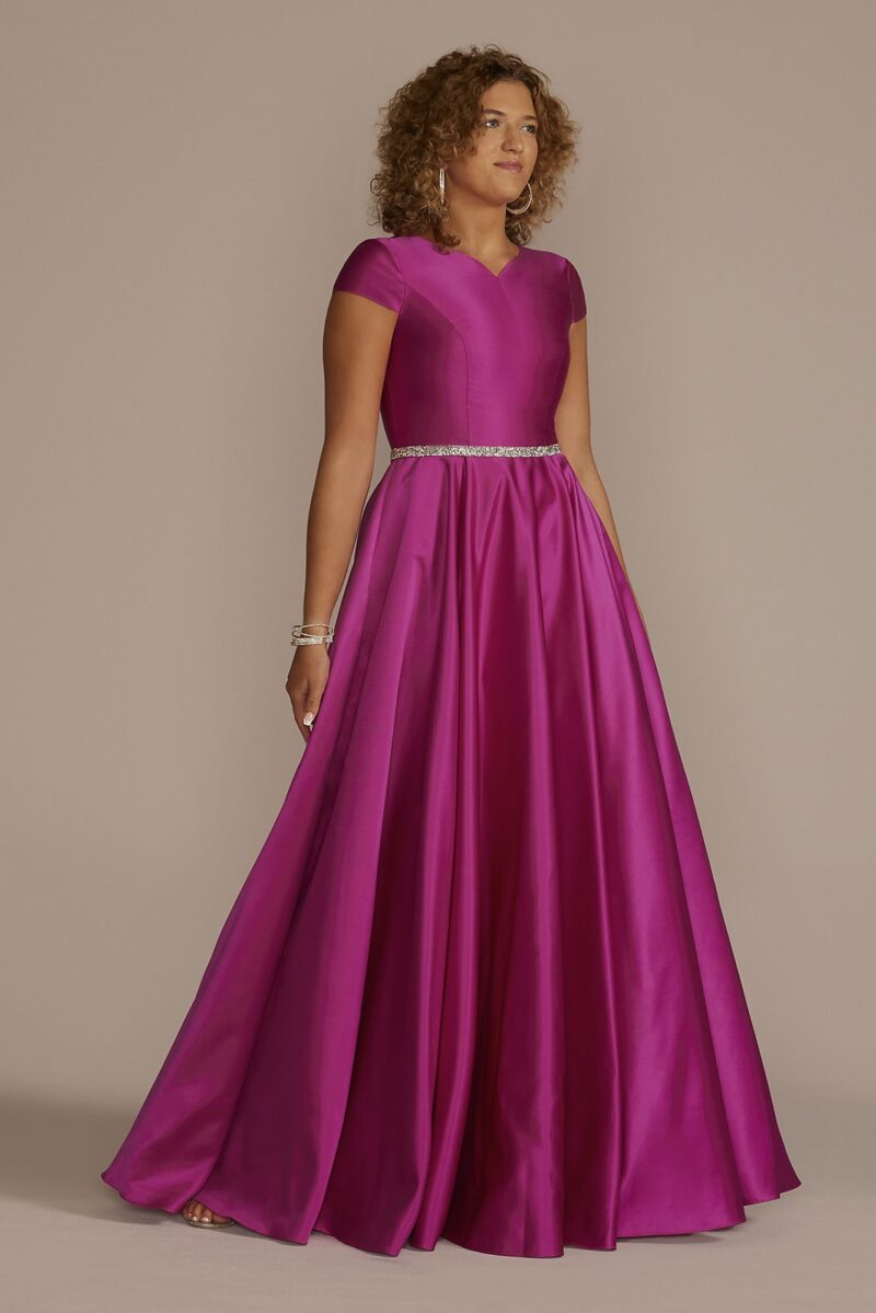 Cap Sleeve Satin Ball Gown with Embellished Waist D24NY22621