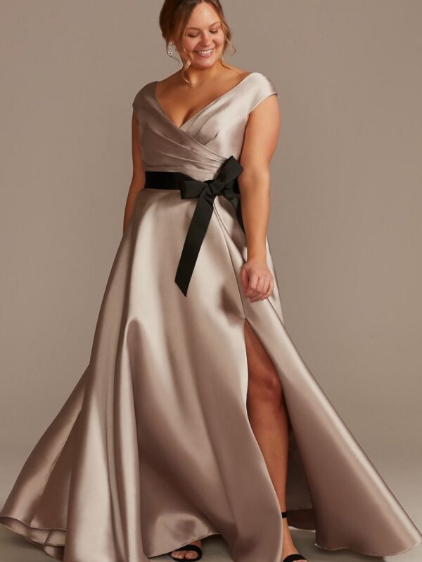 Pleated Satin Cap Sleeve Plus Size Dress with Bow  D40NY023W