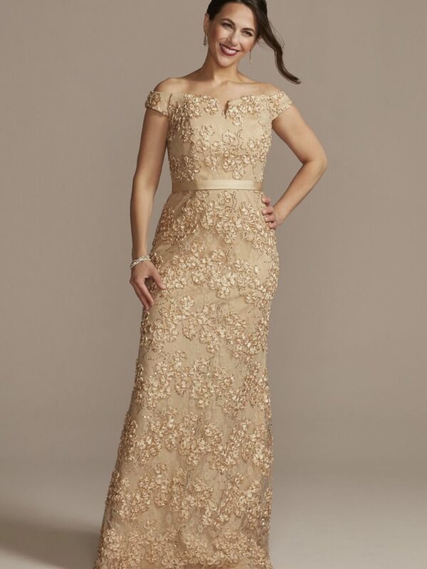 Off-the-Shoulder Sparkle Applique Sheath Gown  D40NY2101