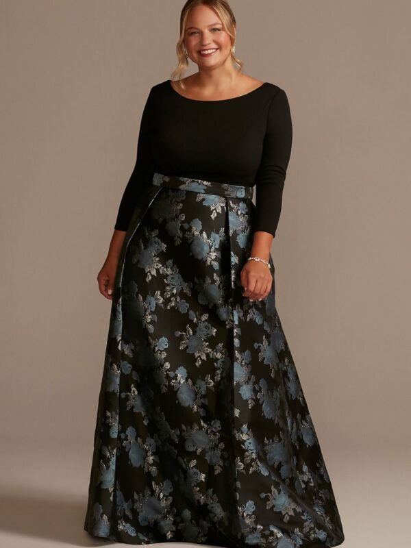 Plus Crepe Ball Gown with Pleated Brocade Skirt  D40NY2134W