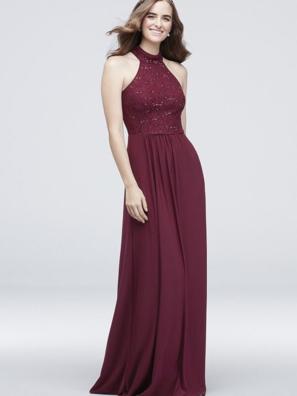 Lace and Sequin Mockneck Jersey A-Line Dress DS270001