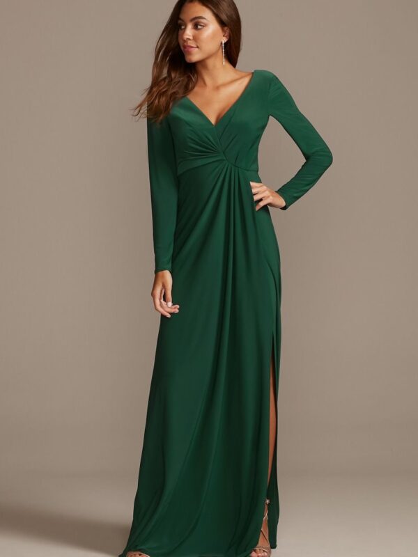 Long Sleeve Jersey V-Neck Dress with Slit DS270090