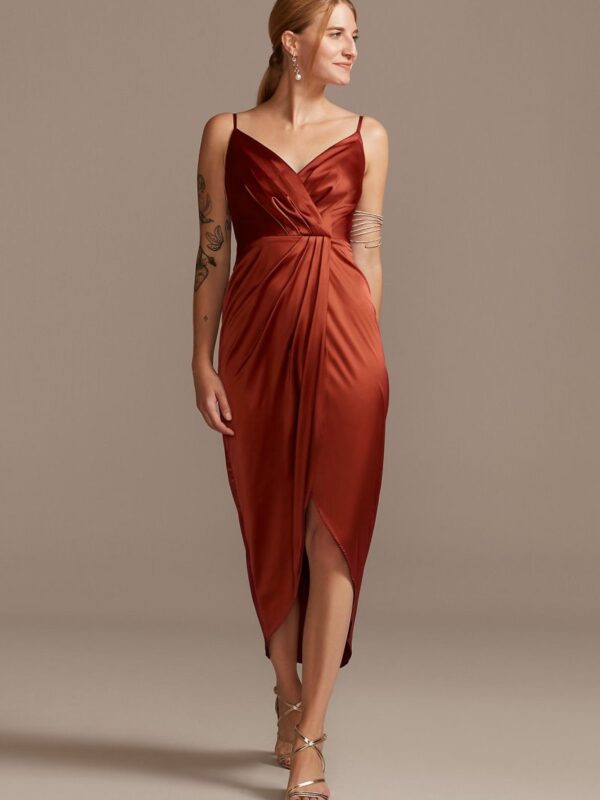 Pleated Bodice Spaghetti Strap Satin Tulip Dress DS270104